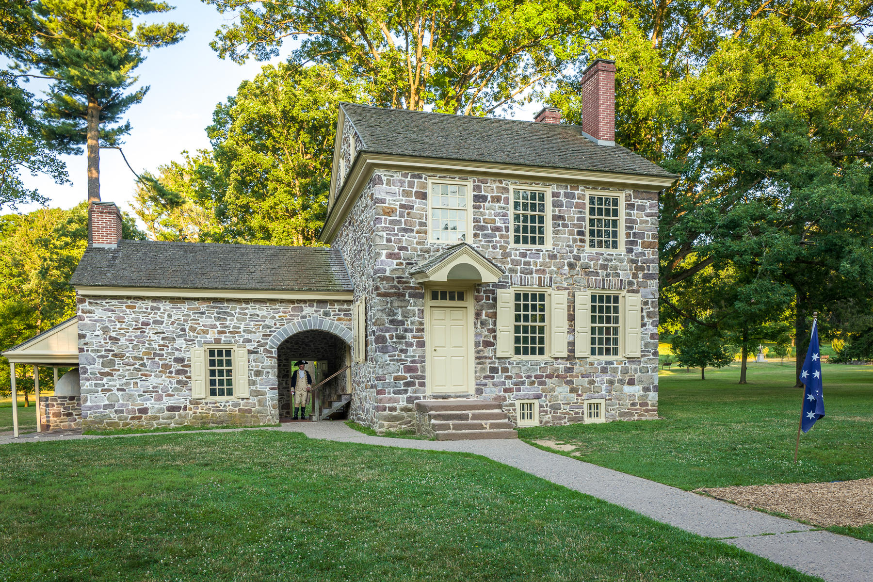 Winter Headquarters, Valley Forge, Pennsylvania.
We arrived well after hours but in the summer so the light was still good.  I walked around the house where Washington made his winter headquarters in 1777-78 when I saw a figure in the entry.  It was an actor playing George Washington who was going to give a performance later that evening.  For a moment it felt like I was in the presence of the great man himself, the "essential man."